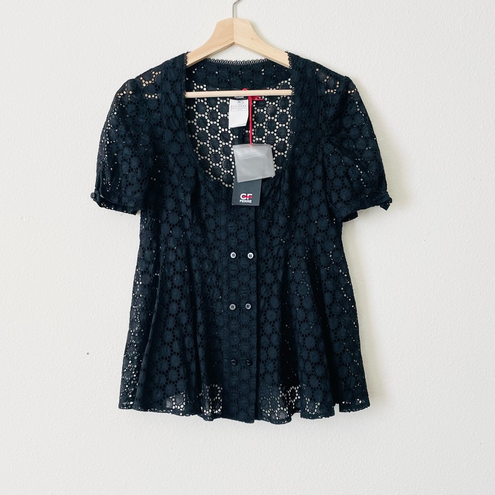 NWT Gianfranco Ferre LARGE Camicia black short sleeve eyelet lace top blouse
